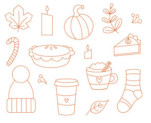 Pattern with images of autumn items: pumpkin, pumpkin pie, candles, autumn leaves, coffee, hot drinks, warm clothes, sweets