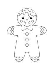 Cute and happy gingerbread man. Black and white Christmas coloring page for kids.