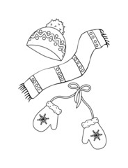 Cute winter clothes ornate with snowflakes. Black and white Christmas coloring page for kids.