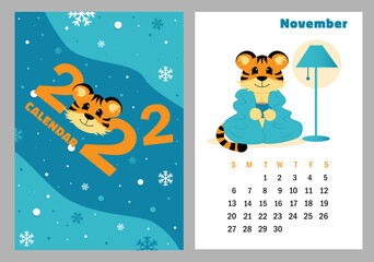  Vector vertical calendar 2022 with symbol of the year tiger. Cute funny character little tiger. Week starts on Sunday. A set of page November and cover in size A3, A4, A5. Colorful design. EPS10.