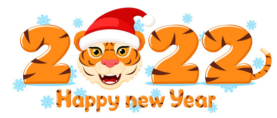 A tiger in a Christmas hat between the numbers 2022. Year of the tiger, happy new year