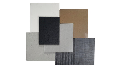 interior mood and tone board showing wooden, fabric, matt surface of black melamine and grey, white, brown color of artificial stone samples, isolated on white background with clipping path.