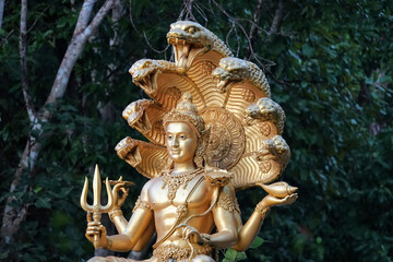 Shot of Indian god golden statue with seven snakes behind in the forest