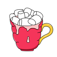 Vector doodle cocoa chocolate with marshmallows isolated on white background. Hand drawn icon element for print, web sites and postcards. Part of a large winter collection.