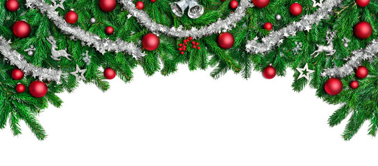 Wide arch shaped Christmas border isolated on white, composed of fresh fir branches and ornaments...