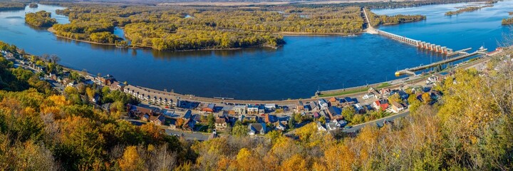 Ariel panorama view from Buena Vista Park during autumn of the Mississippi river at Alma, WI. 