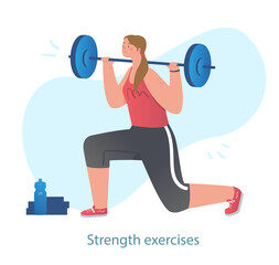 Fototapeta na wymiar Girl with barbell doing exercises. Character performs lunges with weights. Weightlifting, workout, sports, fitness, bodybuilding. Diet, weight loss, training. Cartoon flat vector illustration