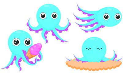 Set Abstract Collection Flat Cartoon Different Animal Blue Octopus Tentacles Swim, Floats, With Huge Ice Cream, Sleeping Vector Design Style Elements Fauna Wildlife