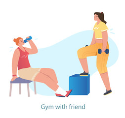 Girls have break from training. Characters sit and chat with each other in gym. Woman with bottle in her hands and with dumbbells. Rest, recovery, fitness, sport. Cartoon flat vector illustration