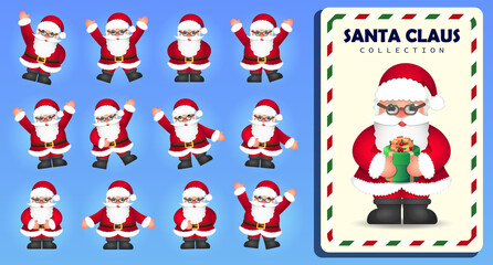 Collection of cartoon funny Santa Clauses in different poses and Santa with a gift. Holiday vector illustration on blue background. Merry Christmas and Happy New Year.