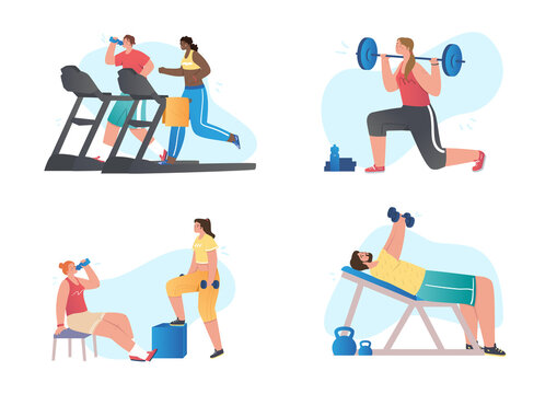 Set of athletes doing exercise. Collection of images with people in gym. Training, fitnes, indoor. Healthy lifestyle, workout, sport. Cartoon flat vector illustrations isolated on white background