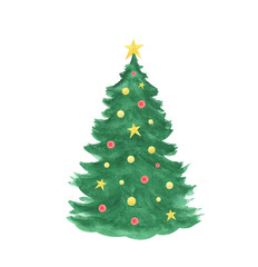 Watercolor Christmas tree isolated on white background. 