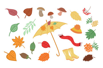 Set of autumn elements for design and decoration. Autumn elements leaves, mushrooms, clothes, umbrella. Autumn postcard design. Vector illustration in doodle style.