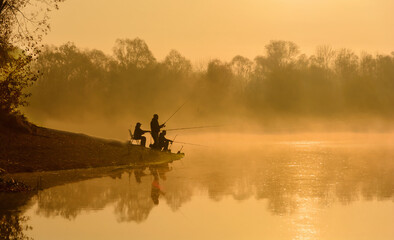 Fog at dawn. Morning fog. Foggy morning on the river. Autumn dawn. Morning fishing