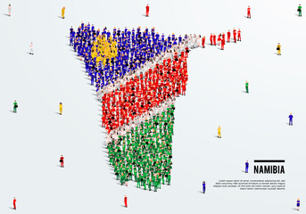 Namibia Map and Flag. A large group of people in the Namibia flag color form to create the map. Vector Illustration.