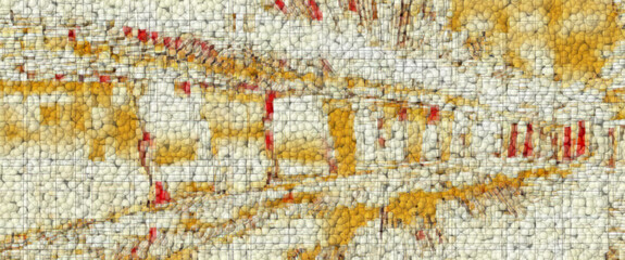 ladder shape in tiny bead style mosaic in grid style gold red and beige on a white background
