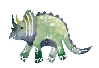 Triceratops watercolor Dinosaur isolated on white. Baby Boy dino kids design.