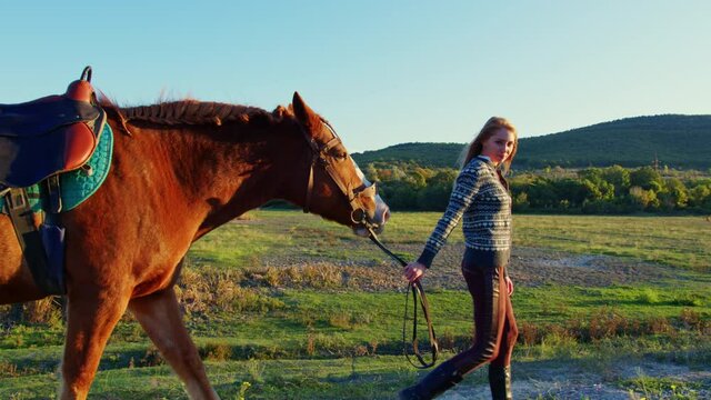 European long-haired girl leads chestnut horse by reins along hill. Panorama, landscape with mountain, wooded steppe. Young woman going with palfrey in countryside. Horsewoman walks bay stallion