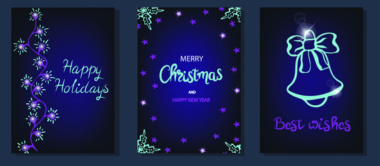 Set of christmas greeting card with hand lettering. Merry Christmas holiday invitations templates. Vector illustration.