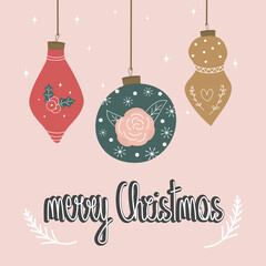 cute hand drawn lettering merry christmas vector card illustration with ornate colorful christmas baubles 