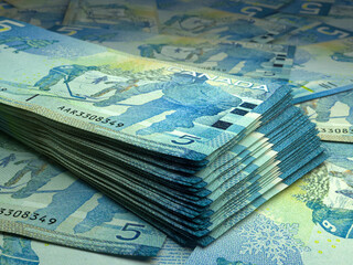 Canadian money. Canadian dollar banknotes. 5 CAD dollars bills.