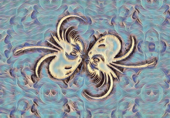 doodle cyclone symmetric design light and dark grey coloured background with textured turquoise paint and brushstrokes

