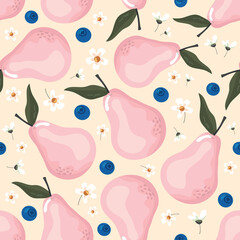 Fruit seamless pattern with pears and blossom. Girly pink background for textile, fabric, decorative paper. Cartoon vector