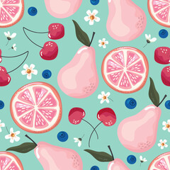 Fruits seamless pattern. Pears, cherry, grapefruit, and blossom. Romantic bright background for textile, fabric, decorative paper. Vector
