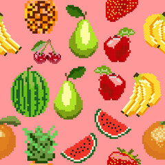 seamless pattern of pixel art fruits and berries: watermelon, orange, bananas, apples, cherry, pineapple, strawberry, pear