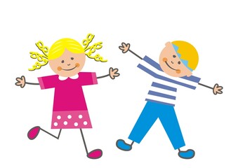 Two happy children, girl and boy are stretching, funny vector illustration