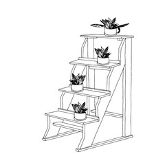 Hand-draw black vector illustration of wooden stairs with decorative plants Sansevieria in pots isolated on a white background