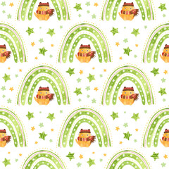 Seamless pattern with Christmas rainbow, stars and a cute cat with a winter hat and scarf. Holiday digital paper on a white background.