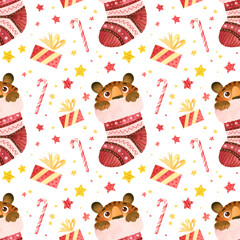 Seamless pattern - Tiger cub hiding in Christmas stocking. Cute playful tiger cub character. Funny winter background