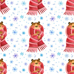 Seamless pattern - Tiger is wrapped in a huge knitted scarf surrounded by falling snowflakes. The symbol of the new year 2022. Funny winter background