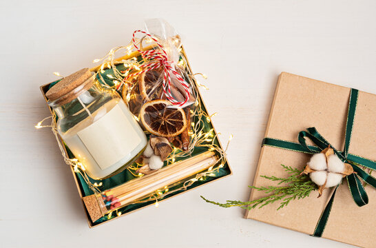 Refined Christmas Gift Basket For Romantic Holidays With Aroma Candle And Matches. Corporate Or Personal Present For Family And Friends.