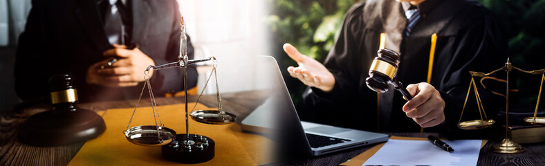 Business and lawyers discussing contract papers with brass scale on desk in office. Law, legal...