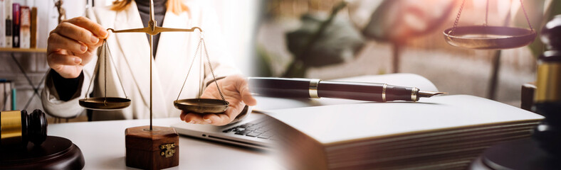 Fototapeta premium Business and lawyers discussing contract papers with brass scale on desk in office. Law, legal services, advice, justice and law concept picture with film grain effect