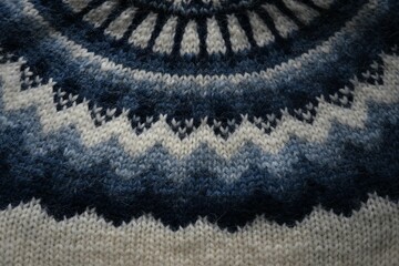 Close up of Icelandic sheep's wool knitted sweater, or lopapeysa, in white and blue. Beautiful...
