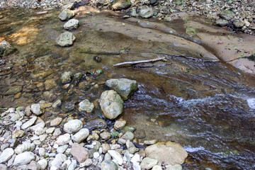 Mountain rivers, sources of ecologically clean resources of water reserves on the planet, sunny autumn morning.