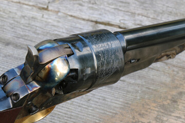 A close-up of the drum of the Colt 1860 Army percussion revolver