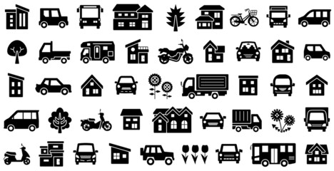 家と車と二輪車と植物のアイコンセット(シルエット)