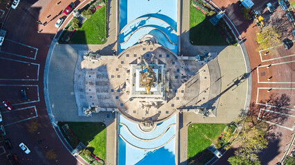 Aerial down view of Soldiers and Sailors Monument and Monument Circle in downtown Indianapolis,...