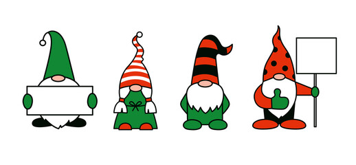 Garden gnomes or dwarfs cartoon isolated illustrations. Gnome holding empty banner or sheet of paper in hands. Man and woman, boy and girl gnome. Vector characters in red green black and white colors
