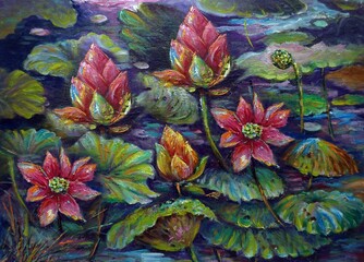 Art painting  oil  color lotus flower background from thailand , Countryside
