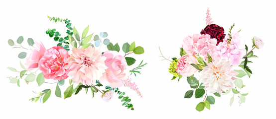 Pink garden roses, ranunculus, peony, allium, dahlia flowers vector design bouquet.