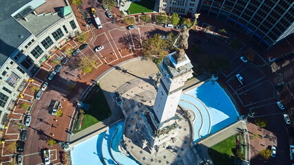 Aerial looking down at Soldiers and Sailors Monument and monument circle in Indianapolis, Indiana