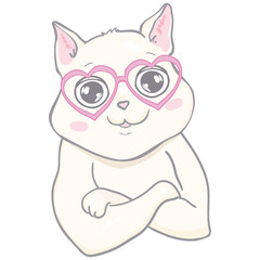 Vector cute cat illustration. Hand drawn Stylish kitten art. Doodle Kitty in glasses. Cartoon animal isolated on white.