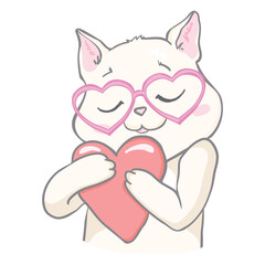 Vector cute cat illustration. Hand drawn Stylish kitten art. Doodle Kitty in glasses. Cartoon animal isolated on white.