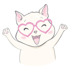 Vector cute cat illustration. Hand drawn Stylish kitten art. Doodle Kitty in glasses. Cartoon animal isolated on white.