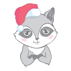 The christmas poster with the image raccoon portrait in Santa's hat.